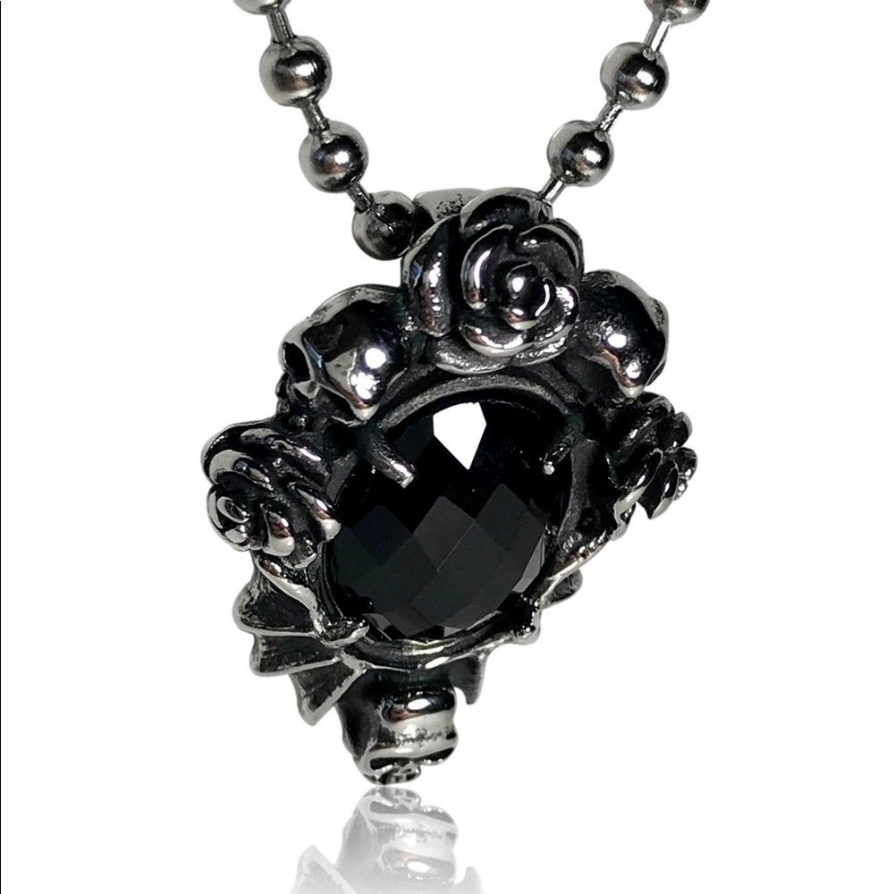 Gothic Punk Black Gem Rose Floral Skull Necklace - Picture 2 of 3